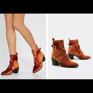 Nasty Gal velvet booties in camel/burnt orange